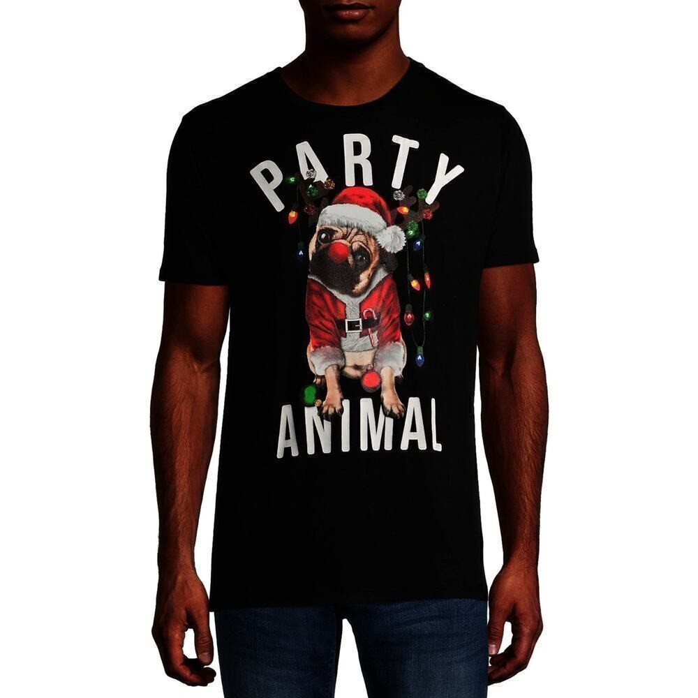 Holiday Time Men's Party Animal Pug Short Sleeve Pullover Graphic T-Shirt Size M